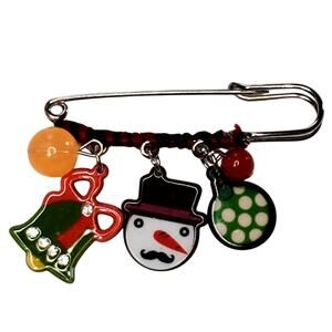 Christmas Bell Snowman Dangle Charm Safety Pin 2.5"